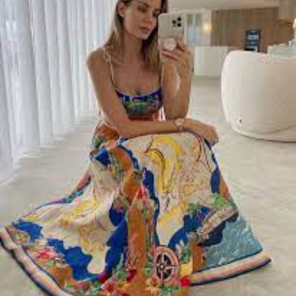 Christian Lacroix Alight Picnic nautical map blue linen blend midi dress size M - Picture 11 of 11